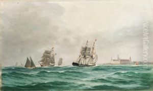 Danish ships sailing near Kronborg Castle. by Alfred Olsen