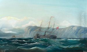 The paddle wheeler Dania near a rocky coast. by Carl Julius Emil Olsen