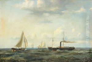 Shipping in the Sound off Kronborg Castle. by Carl Julius Emil Olsen