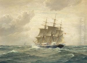 Ship with three masts at sea.