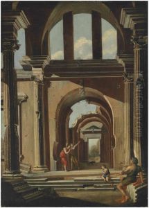 Architectural capriccio with figures beneath an arch by Niccolo Codazzi