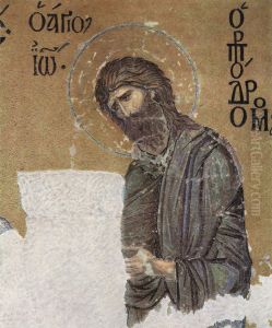 Text reads: (left) O AGIOS IO (meaning O AGIOS IOANNES - SAINT JOHN), (right) O PRODROM (-OS) (meaning THE FORERUNNER - as THE BAPTIST is called by the Eastern Orthodox Church by unknown