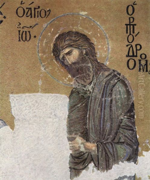 O Agios Ioannes o Prodromos apo to psephidoto tes "Deeses". Steketai sta aristera tou Christou, eno sta dexia tou brisketai e Panagia. O syndyasmos auton ton trion morphon synantatai kai se psephidota pou apeikonizoun ten Deutera Parousia - view 1