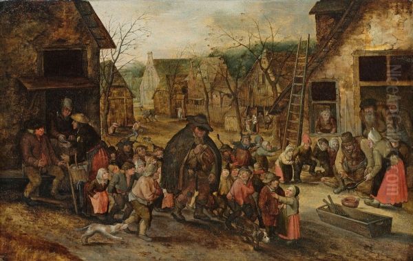 Village street with blind hurdy-gurdy player - view 1