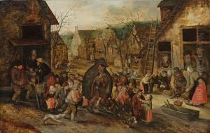 Village street with blind hurdy-gurdy player by David Vinckboons I