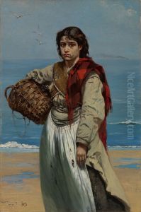 Junges Madchen mit Korb am Meeresstrand ("Die Trauer Irlands") by Frank Buchser
