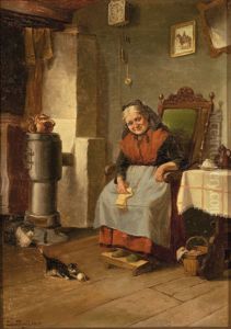 Rural interior with a woman knitting and cats playing with a ball of yarn.