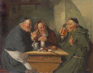 Cellar scene with happy monks. by Simony Jensen