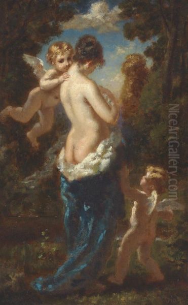 Jeune femme demi-nue, dos de trois-quarts entoure de deux amours - view 1