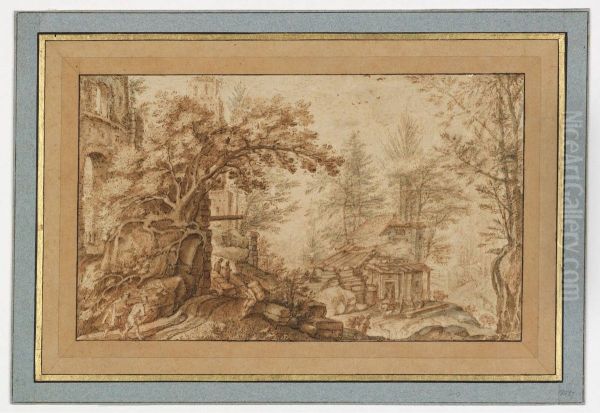 Forest Landscape with Travellers and Buildings - view 1