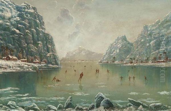 Figures skating on a frozen fjord. - view 1