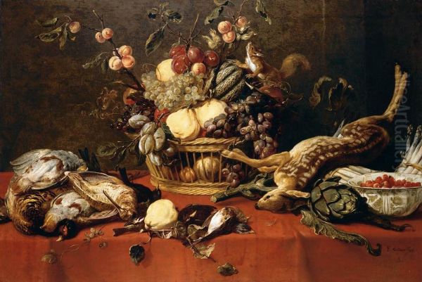 Still life of fruit in a basket together with game, a bowl of fraises-de-bois, artichokes, asparagus and a squirrel upon a table draped with a red cloth - view 1