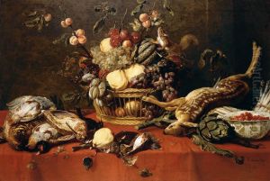 Still life of fruit in a basket together with game, a bowl of fraises-de-bois, artichokes, asparagus and a squirrel upon a table draped with a red cloth by Frans Snyders