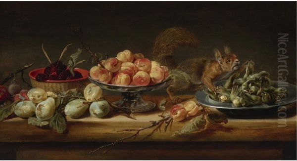 Still life with peaches in a Tazza, hazelnuts on a pewter plate, raspberries in a basket, with pears and a squirrel on a table
oil on panel - view 1