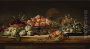 Still life with peaches in a Tazza, hazelnuts on a pewter plate, raspberries in a basket, with pears and a squirrel on a table
oil on panel by Frans Snyders