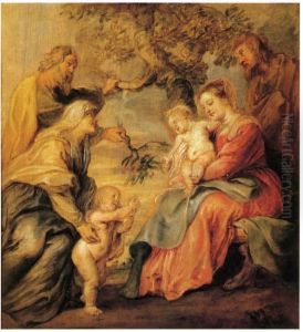 The holy family under the apple-tree with Saint John the baptist, Elizabeth and Zacharias by (studio of) Rubens, Peter Paul