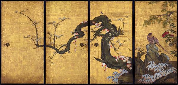 Frolicking Birds in Plum and Willow Trees - view 1