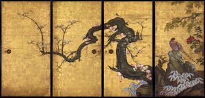 Frolicking Birds in Plum and Willow Trees by Kano Sansetsu