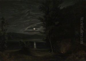 Moonlight and campfire by Wincenty Dmochowski