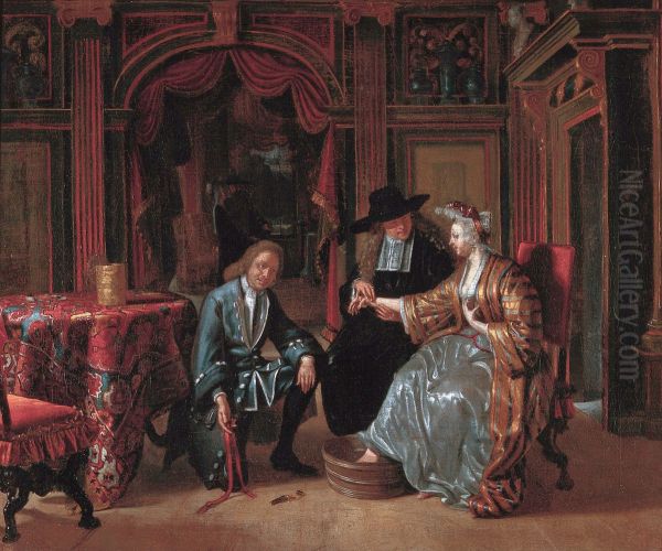 A Physician taking the pulse of a woman and a surgeon preparing to let blood from her foot - view 1