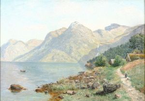 A mountain lake with a small boat. by Eiler Rasmussen Eilersen