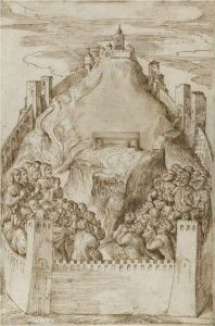 A Walled Ancient City, Possibly Jerusalem, People Praying In Frontof An Altar by Domenico Campagnola
