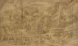 Scene De Deluge Dans Une Ville Fortifiee by Domenico Campagnola