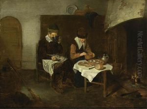 A Couple Having a Meal before a Fireplace by Quirijn van Brekelenkam