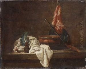 Nature morte avec deux pieds de celeri, boite a epices, torchon, terrine, plat, ecumoire et morceau de viande by Jean-Baptiste-Simeon Chardin
