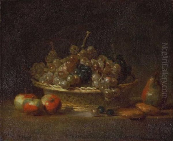Nature morte a la corbeille de raisins, avec trois pommes, une poire et deux massepains - view 1