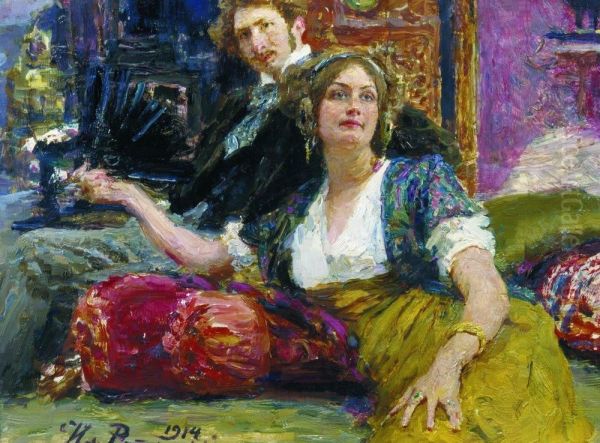 <<Portret poeta, prozaika, perevodcika i dramaturga Sergea Mitrofanovica Gorodeckogo s zenoj.>> - view 1