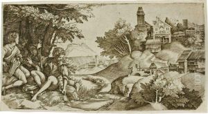 Shepherds In A Landscape by Giulio Campagnola