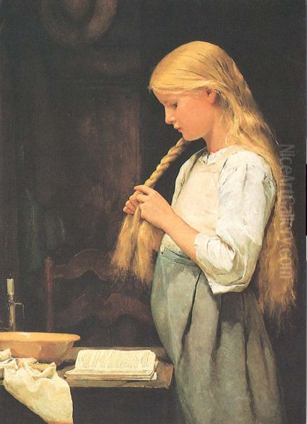 Girl Braiding Her Hair - view 1
