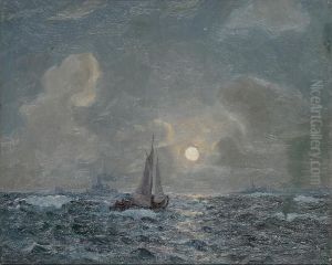 Ships on a moonlit sea. by Ludvig Christian Mogelgaard