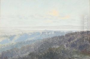 View over treetops towards a fiord. by Janus Andreas Bartholin La Cour