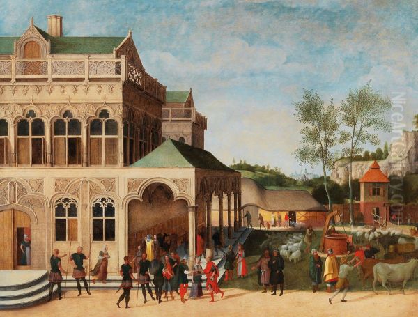 An elegant loggia with the Proposal of Isaac to Rebecca - view 1