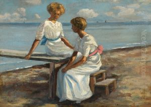 Beach scene with two women in white dresses. by Arvid Aae