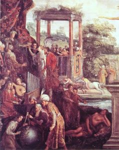 Abbas Ias a new Caesar being honoured by the trumpets of fame and thePersian embassyinAllegorie de l'occasion by Frans Francken the Younger