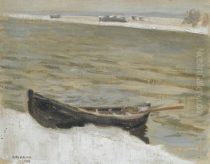Boat moored on the river bank by Akseli Valdemar Gallen-Kallela