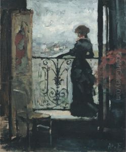 Lady standing on a balcony, sketch by Albert Edelfelt