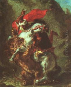 Arabic horseman attacked by Lion by Eugene Delacroix