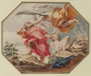 An angel restraints Abraham from sacrifycing Isaac (Genesis 22:10-12) by (studio of) Rubens, Peter Paul