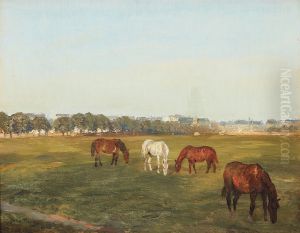 Grazing horses on a summer day with a provincial town in the background.