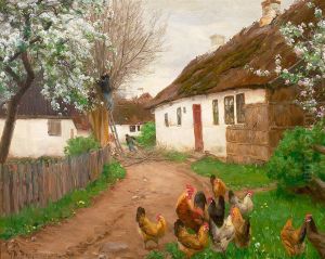 Village life on a spring day with people and trees. by H. A. Brendekilde