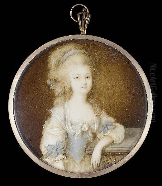 A Lady, Wearing White Dress With Pale Blue Bodice And Matching Bows On The Short Sleeves, White Scarf Tied At Her Corsage And Pale Blue Bandeau In Her Powdered Hair, She Rests Her Left Arm On A Marble-topped Plinth - view 1