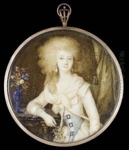 A Lady, Wearing White Coat With Wide Lapels Over White Dress With Buckled Pale Blue Bodice, White Scarf Tied At Her Corsage And Drop Pearl Earrings, She Holds A Sprig Of Flowers In Her Right Hand And Rests Her Elbow On A Table With Blue Vase Of Flowers, T