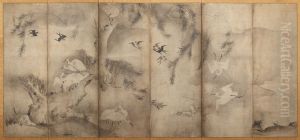 Egrets in Willow [left of the pair Egrets in Plum and Willow] by Sesson Shukei