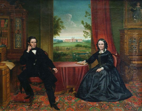 Portrait of John Henry Hakewill and his wife, seated in their library, their stable block visible through the window - view 1