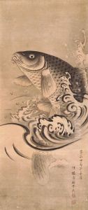 Carp Leaping Out of Water [right of a pair of Carps] by Settei