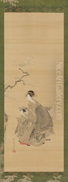 A Prostitute and her attendants under a cherry tree - view 1